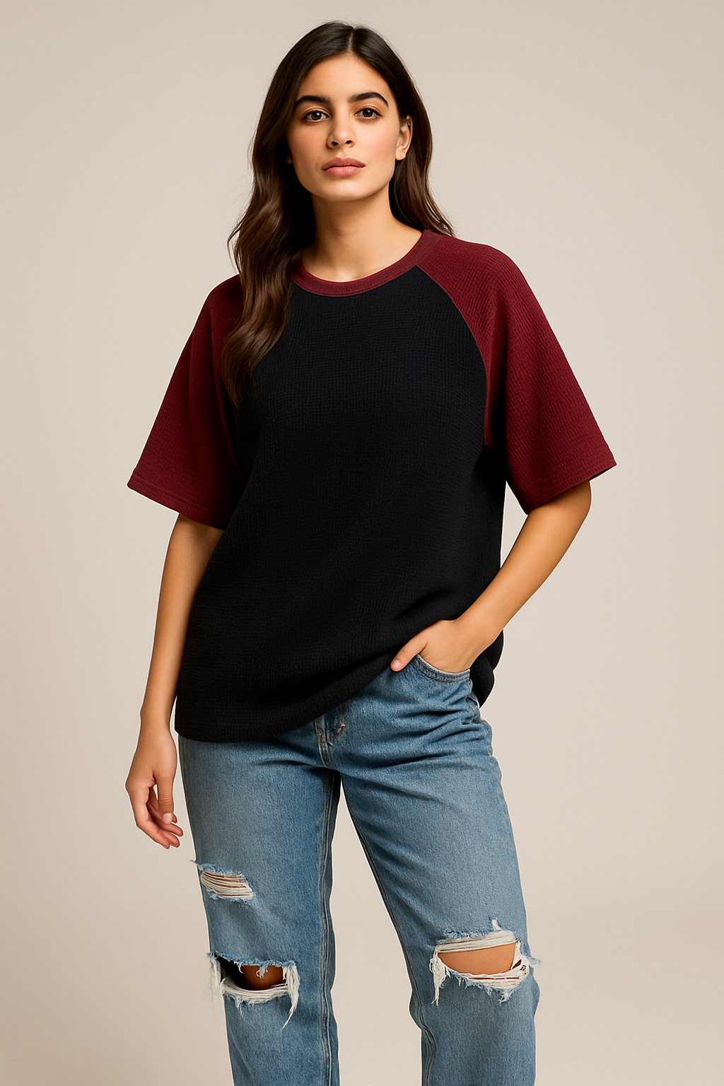 Oversized Waffle Knit Raglan T-Shirt for Women