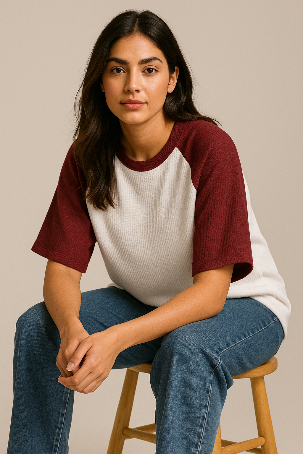 Oversized Waffle Knit Raglan T-Shirt for Women