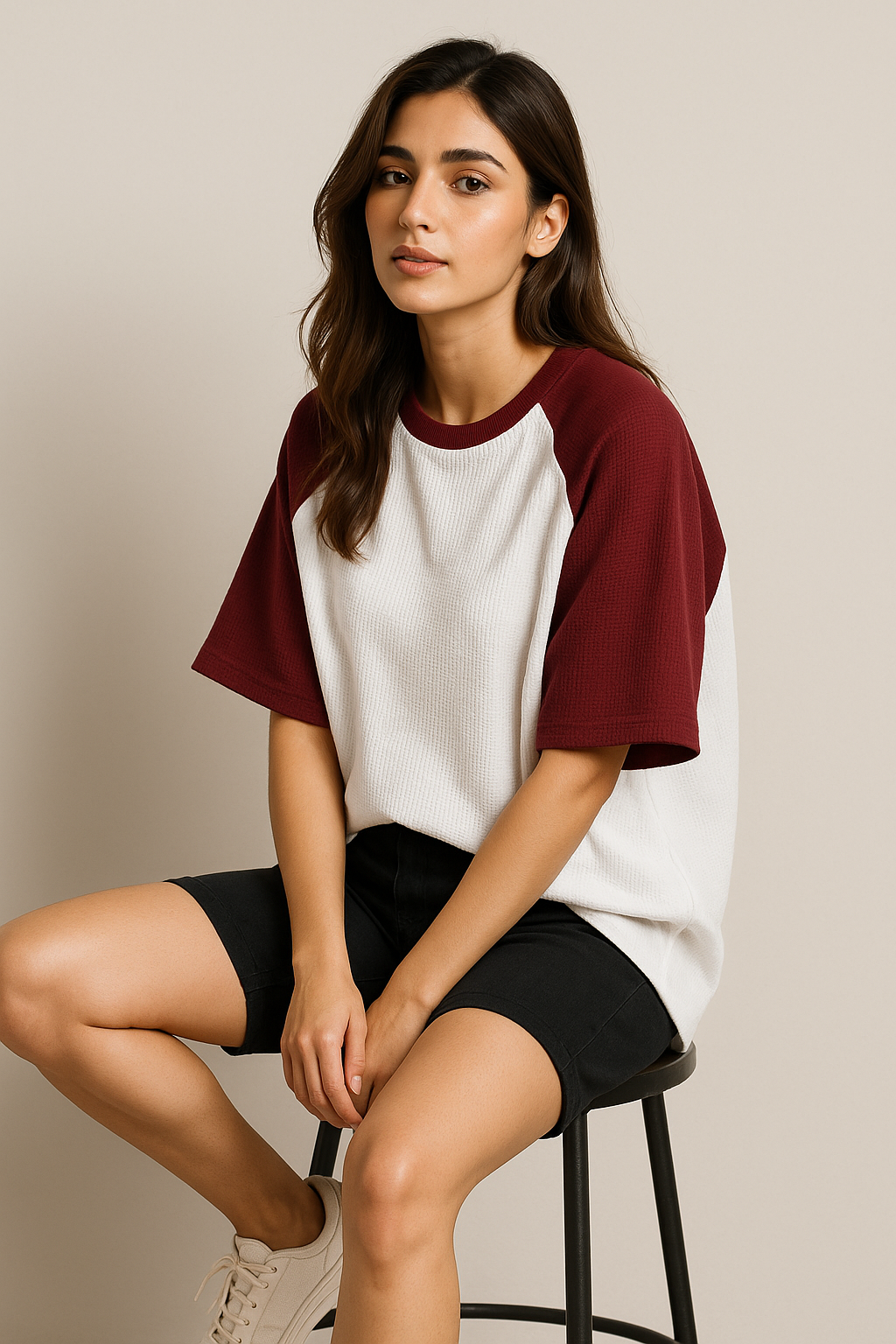 Oversized Waffle Knit Raglan T-Shirt for Women