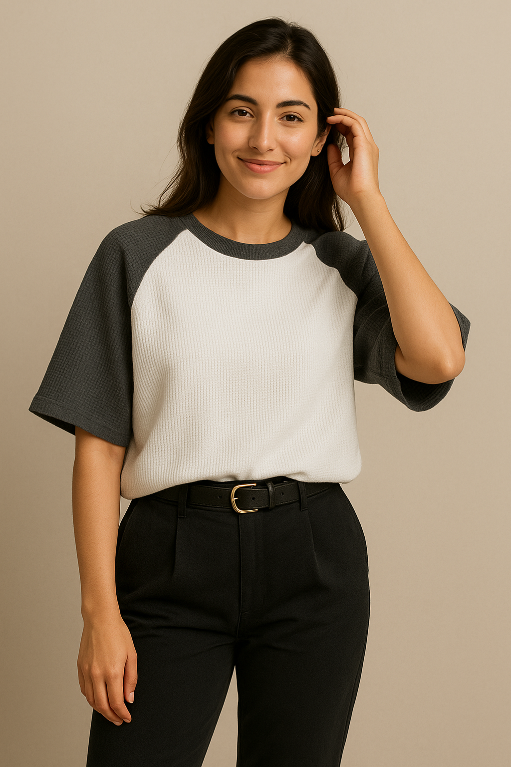 Oversized Waffle Knit Raglan T-Shirt for Women