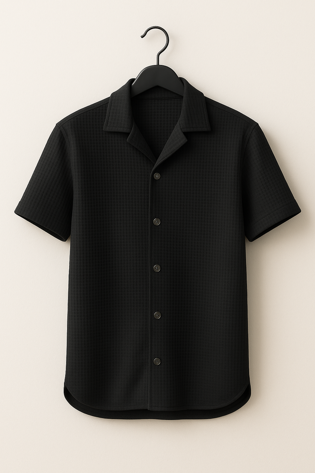 Black Cuban Collar Waffle Knit Shirt for Men