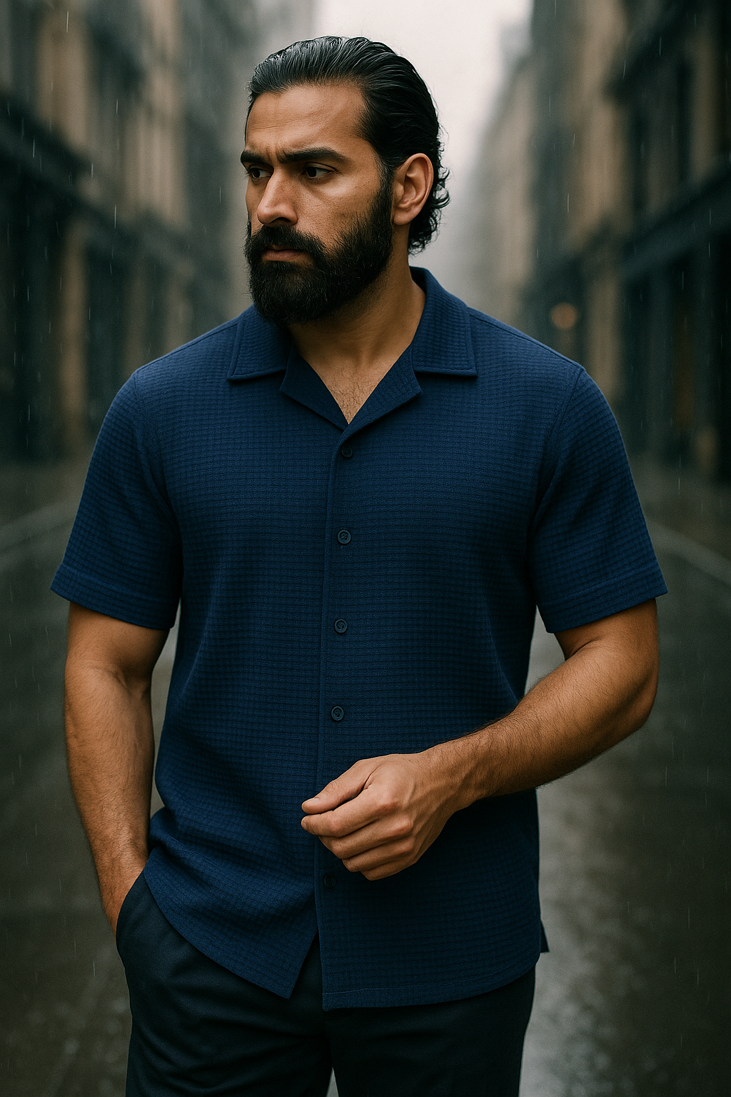 Blue Cuban Collar Waffle Knit Shirt for Men