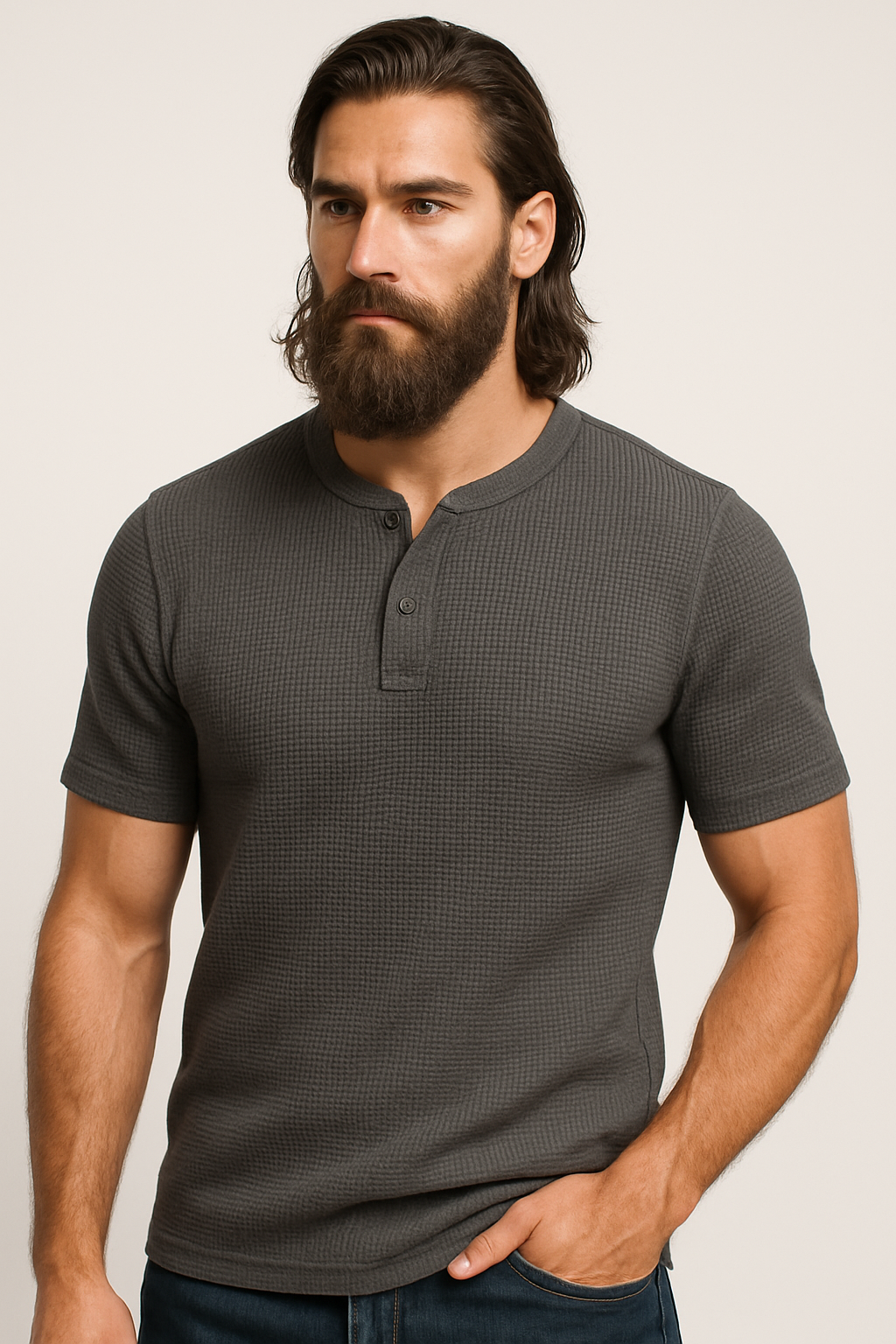 Charcoal Waffle Knit Henley T-Shirt