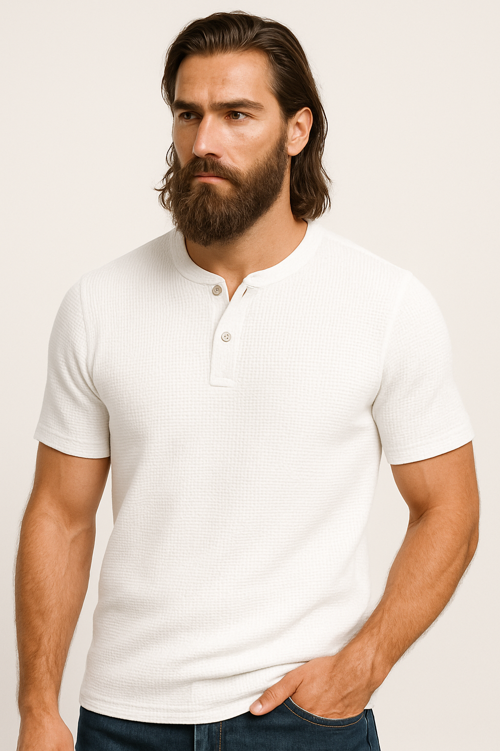 White Waffle Knit Henley T-Shirt